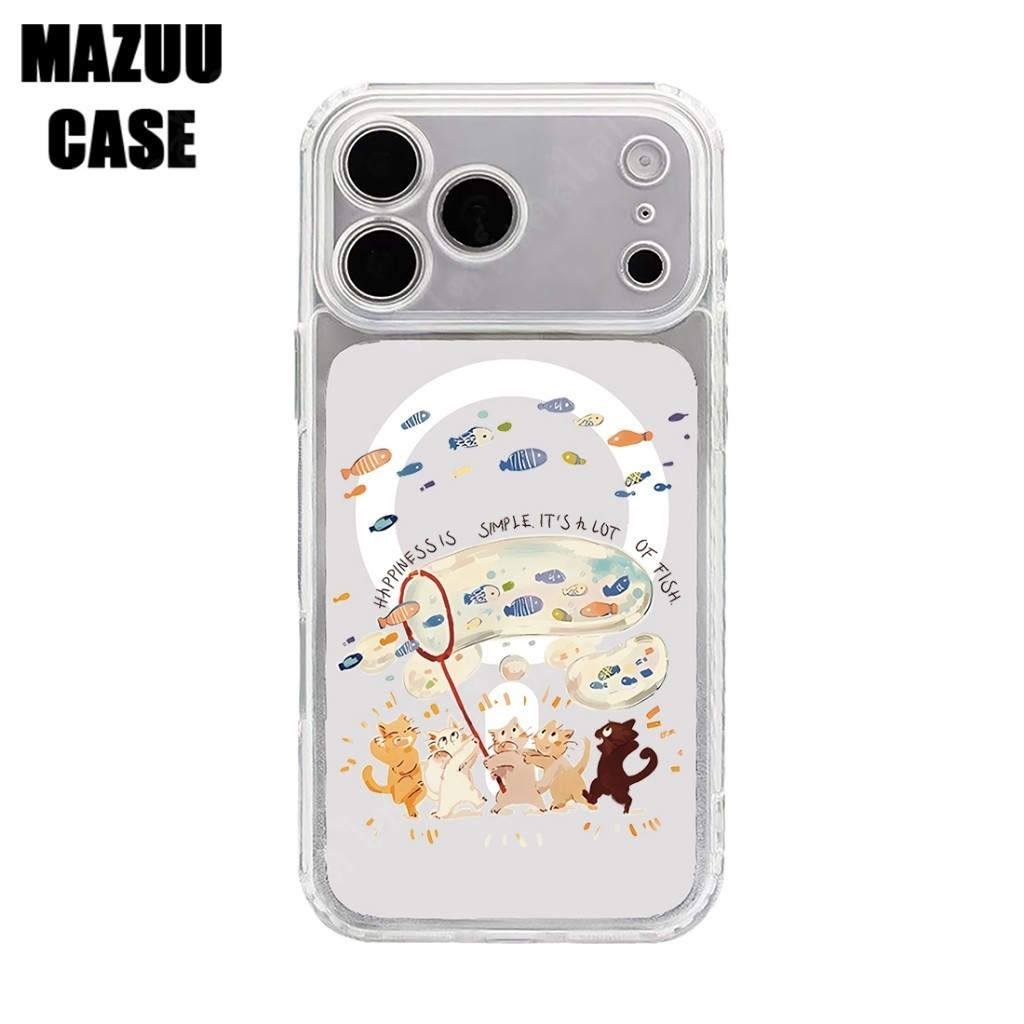 เคสไอโฟน TPU แม่เหล็กใส ปกป้องเลนส์เต็ม ลายแมวและปลาสีสดใสสไตล์คาวาอี้ iPhone 17 16 15 14 13 12 11 Pro Max Plus