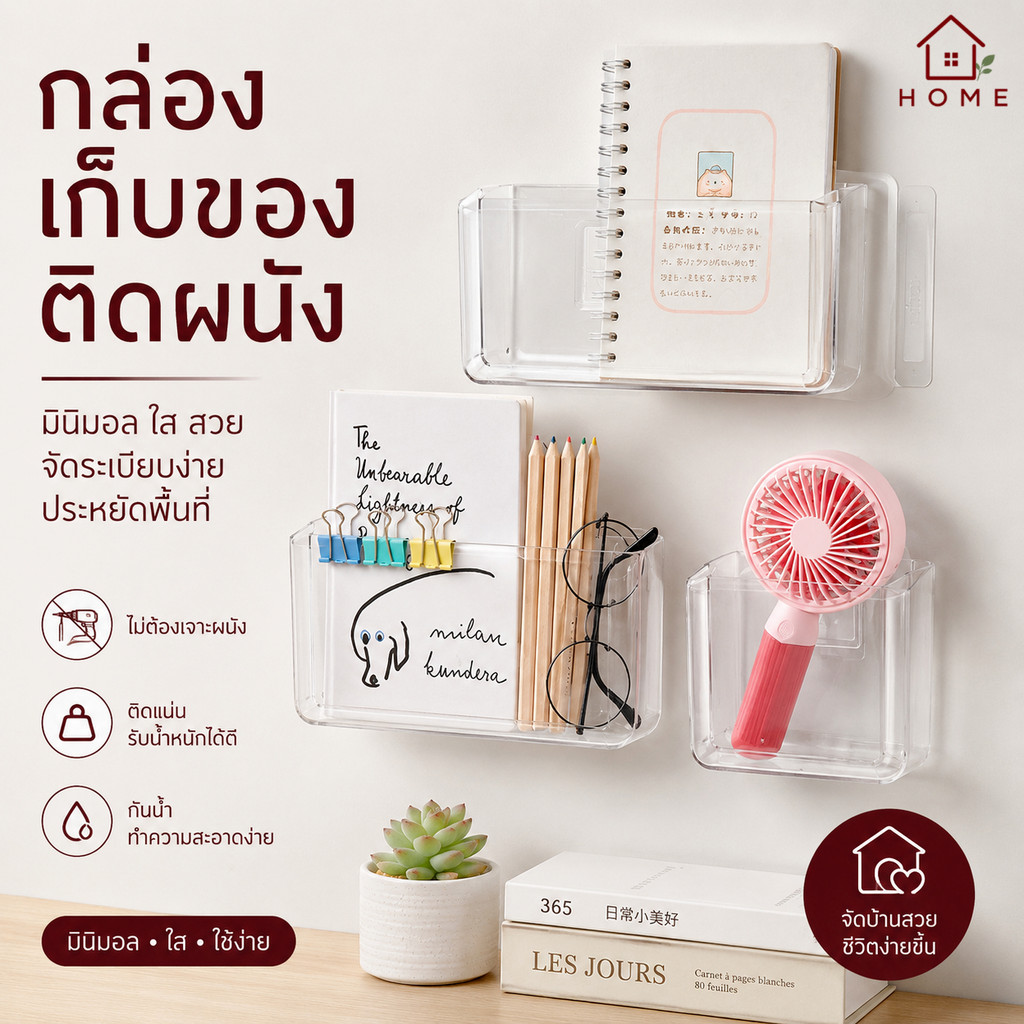 Home007 กล่องติดผนัง ที่ใส่ของ กล่องใส ชั้นวางติดผนัง ไม่ต้องเจาะ ที่เสียบปากกา ที่เสียบรีโมทแอร์ กล่องเก็บของติดผนัง
