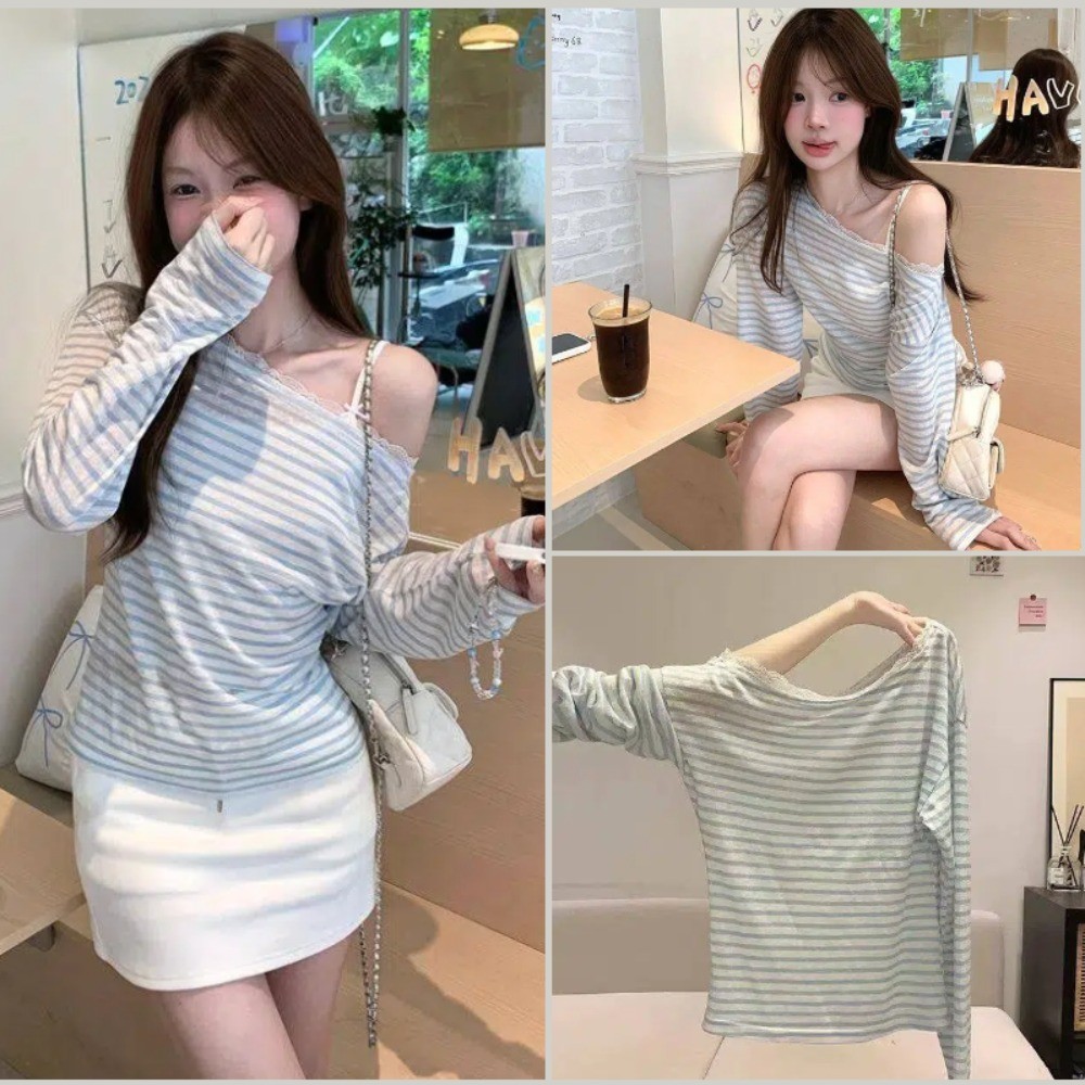 เสื้อยืดแขนยาวลายขวางไหล่เฉียงของผู้หญิงฤดูร้อนแฟชั่นใหม่เสื้อลูกไม้ปิดไหล่แขนยาว