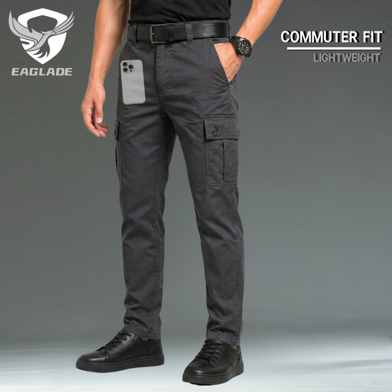 EAGLADE Men Commuter Cargo Pants Slim Fit น้ําหนักเบาหลายกระเป๋ากางเกงลําลองทุกวัน 1699 สีดํา B02