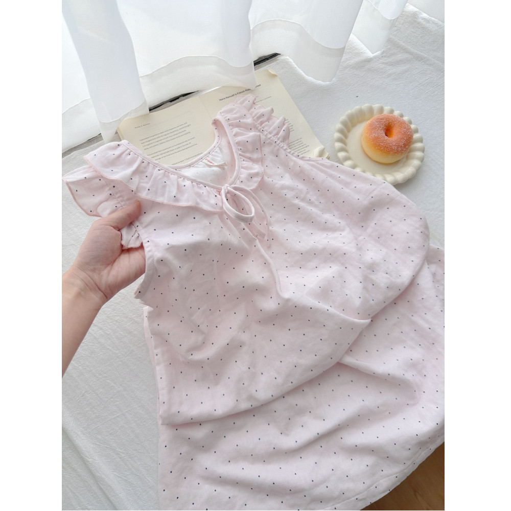 Pink Polka Dot Cloud Cotton Strappy Nightdress Teen Girls Casual Home Dress