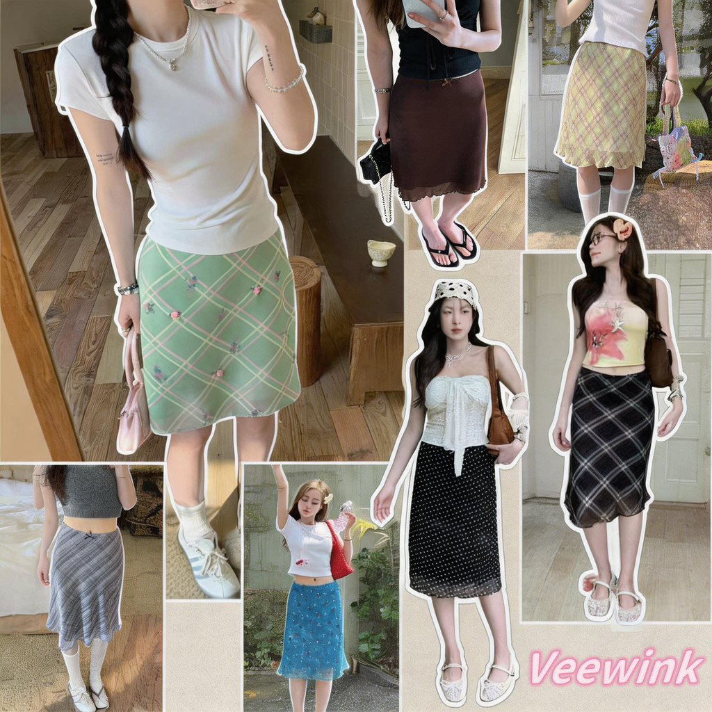 Veeiwnk กระโปรงครึ่งตัว กระโปรงลายสก็อตสีหวาน โบว์ริบบิ้น ตาข่าย เอวสูงทรงเอ ความยาวกลาง ลดน้ำหนัก