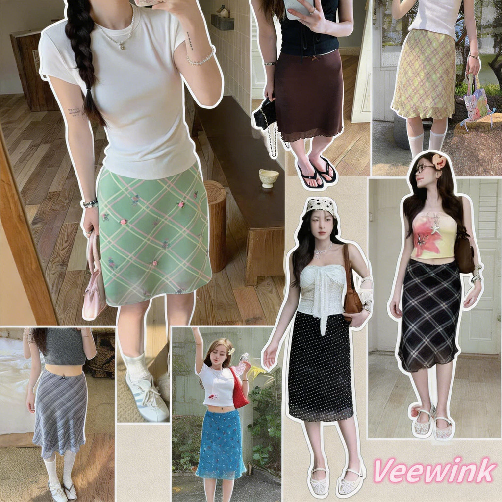 Veeiwnk กระโปรงครึ่งตัว กระโปรงลายสก็อตสีหวาน โบว์ริบบิ้น ตาข่าย เอวสูงทรงเอ ความยาวกลาง ลดน้ำหนัก