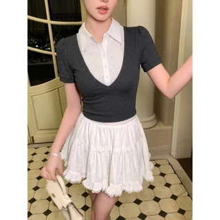 B&R พร้อมส่ง เสื้อยืดแขนสั้นครอปปลอมสองตัว เสื้อรัดรูปสไตล์เกาหลีคอลเลจ แต่งตัวไปทำงาน-ไปเที่ยวได้เลย