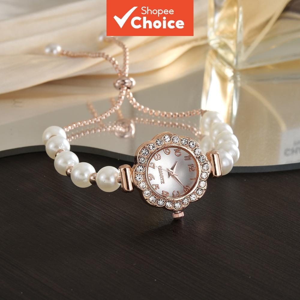 Pearl Band นาฬิกาผู้หญิงหวานคริสตัลกลีบ Dial สร้อยข้อมือนักเรียน Casual