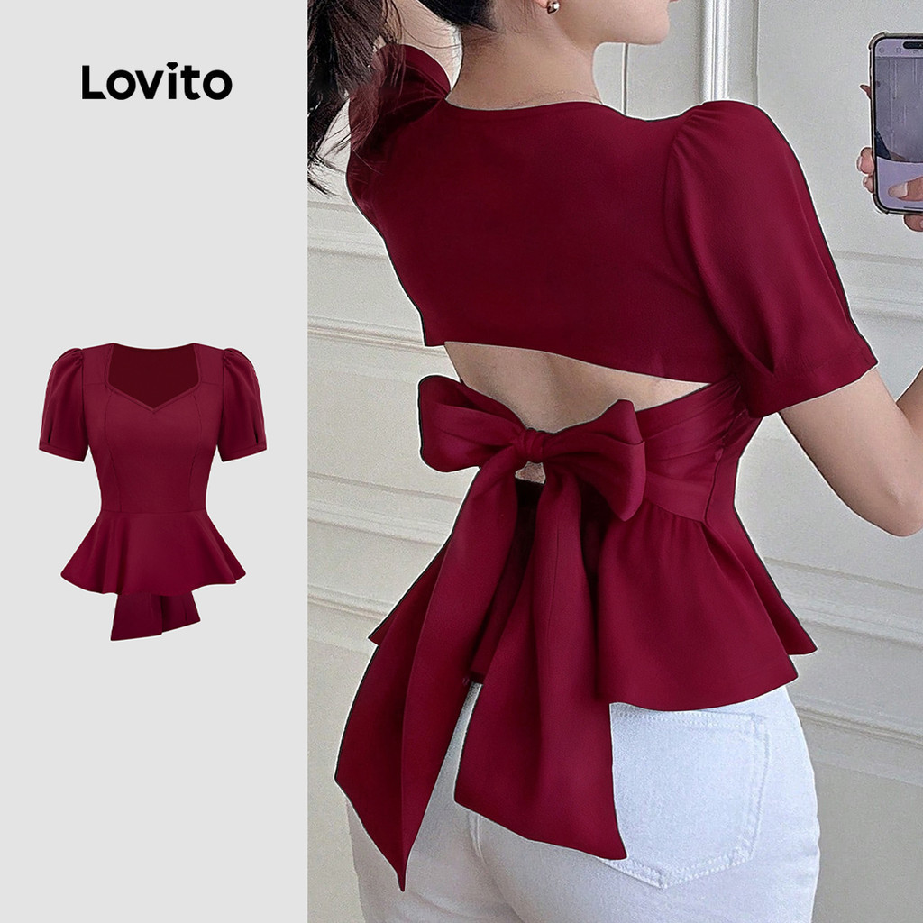 Lovito เสื้อเบลาส์หรูหราสำหรับงานปาร์ตี้ ชายเสื้อระบาย เสื้อเบลาส์สีแดงเข้มสำหรับฤดูใบไม้ผลิ/ฤดูร้อน