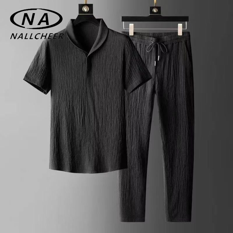 ชุดสูทแขนสั้นผู้ชายสำหรับใส่ลำลอง จากผ้าลินิน พร้อมเสื้อโปโลแขนสั้นสไตล์แฟชั่น