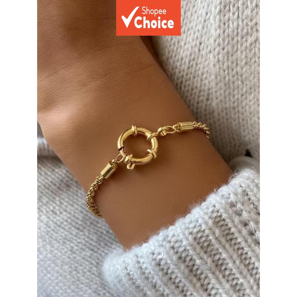 สร้อยข้อมือกึ่งแข็งสีทอง 18K ลายเกลียว สไตล์ประจําวัน โซ่คั่นลูกปัด พร้อมตัวล็อคแบบฟองอากาศ