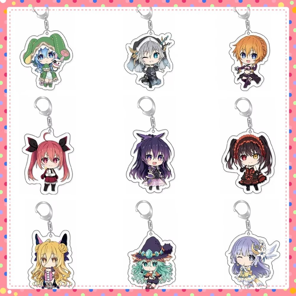 Anime Date A Live พวงกุญแจไมก้าใสพร้อมตัวอักษร Tokisaki Kurumi Tohka Yoshino Kotori chibi สําหรับตกแ