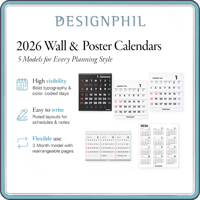 Innovator 2026 Calendar Collection – Wall Calendars (L/M), Black Design, 3 Month Planner & Annual Po