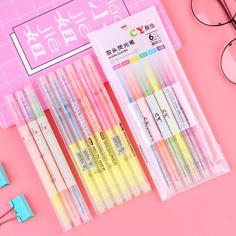 Creative Double-Headed Two-Color Highlighter 6-Pack Student Stationery School Supplies Marker Pen Co