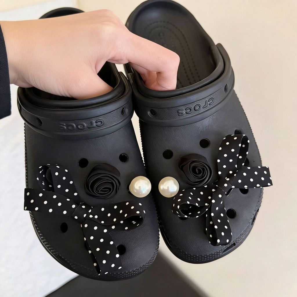 Elegant Polka Dot Bow & Rose Shoe Charms - Vintage Black Satin Bow with Pearl Crocs Jibbitz, Fashion Shoe Decor for Women & GirlsElegant Polka Dot Bow & Rose Shoe Charms - Vintage