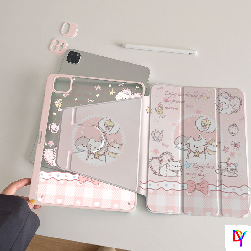 360° หมุนสามพับเคสiPad 2026 Air-M4/2025 Gen11-A16/Air7 M3/Air6/5/4 M2 mini6/7 อะคริลิคPro2025 M5 gen10th gen7/8/9 สีชมพูน่ารักSuffleลูกสุนัขAnti-drop iPad cover