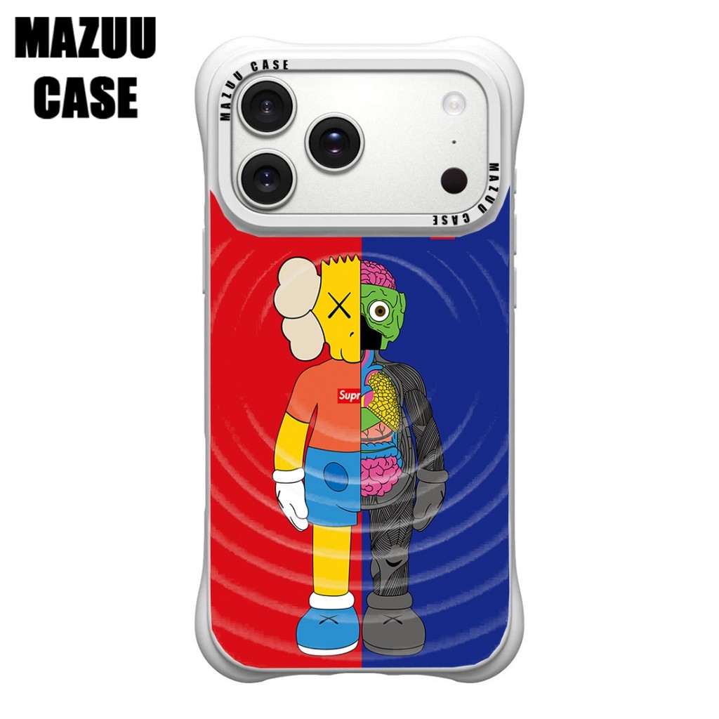 เคสไอโฟน ซิลิโคนสีขาว แม่เหล็ก กันกระแทกมุม ลายตัวการ์ตูนแบ่งครึ่งสีแดงและน้ำเงิน สำหรับ iPhone 17 16 15 14 13 12 11 Pro