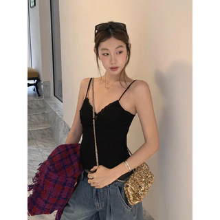 Vogue🌟พร้อมส่ง🌟 เสื้อซีทรูสายเดี่ยวลายลูกไม้ บางเซ็กซี่ ยืดตามตัว สไตล์เกาหลี (FY2059)