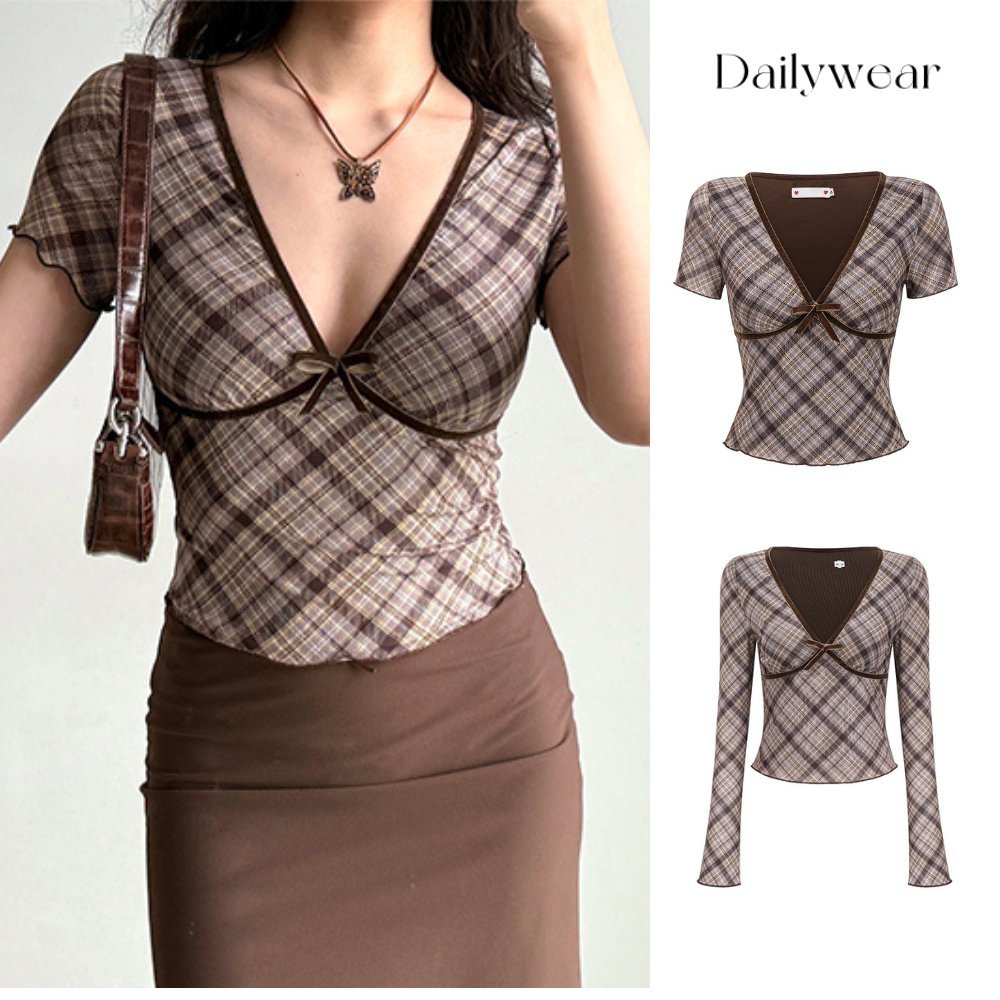 Dailywear เสื้อยืดแขนสั้นคอวีลึกลายสก็อตสไตล์ยุโรปและอเมริกันย้อนยุคสำหรับผู้หญิง ทรงเข้ารูป เสื้อตัวสั้นและยาว
