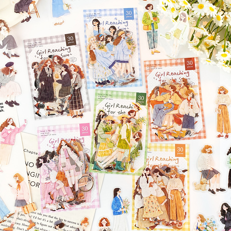QOUZMO Aesthetic Character PET Sticker Pack, กันน้ํา Peel And Stick ตกแต่ง, ศิลปะน่ารักภาพประกอบออกแ