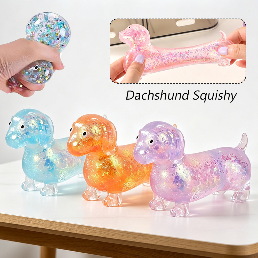 Glittery Dachshund Squishy Toy Soft Stretchy Squeeze Toy for Stress and Anxiety Relief