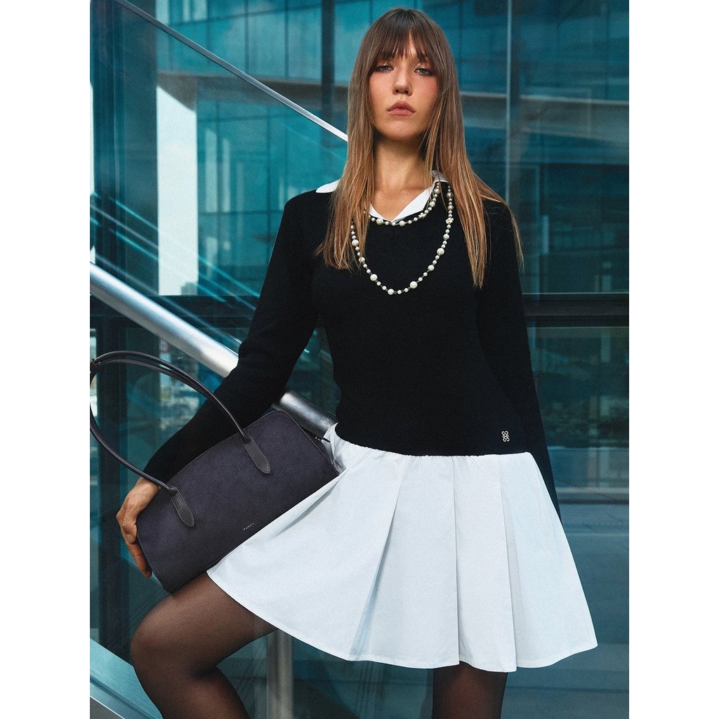 [Pomelo] เดรสสั้นทรงเข้ารูป คอปกชายกระโปรงจีบ / Layered Collared Shirt Pleated Hem Mini Dress