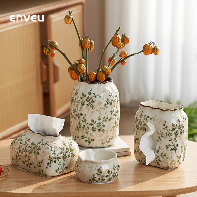 Vintage Crackle เคลือบแจกันเซรามิกแจกันดอกไม้ตกแต่งบ้าน Centerpiece ลายดอกไม้สําหรับห้องนั่งเล่นตกแต่งตาราง