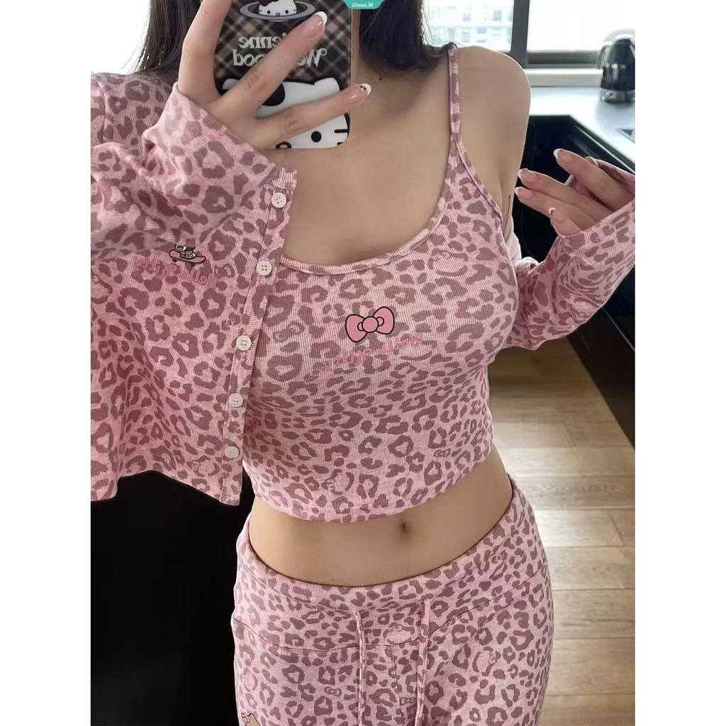 Sanrio Pink Leopard-Print Hello Kitty Three- Piece Pyjama Set: Camisole, Pants and Jacket – Loungewe