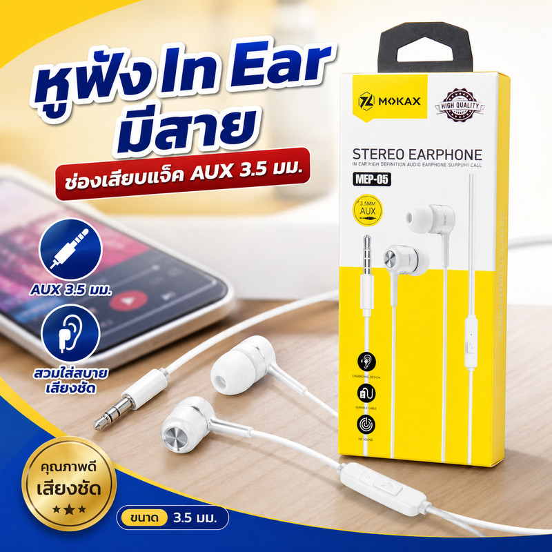 Mokax หูฟัง In Ear มีสาย ช่องเสียบแจ็ค AUX 3.5 มม._