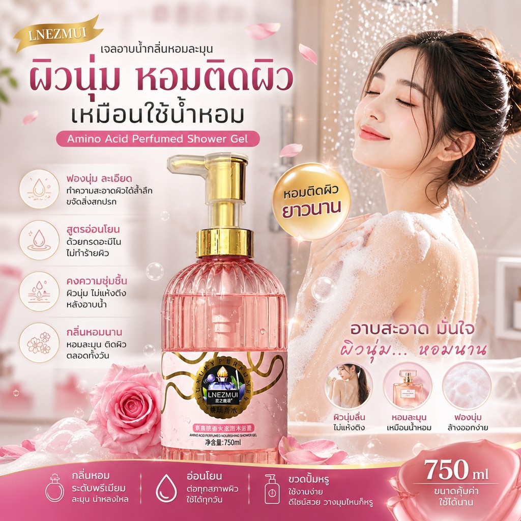 เจลอาบน้ำ อาบน้ำน้ำหอมสูตรกรดอะมิโน 750ml กลิ่นหอมแบบอ่อนๆ ไม่ทำให้ผิวแห้งตึง