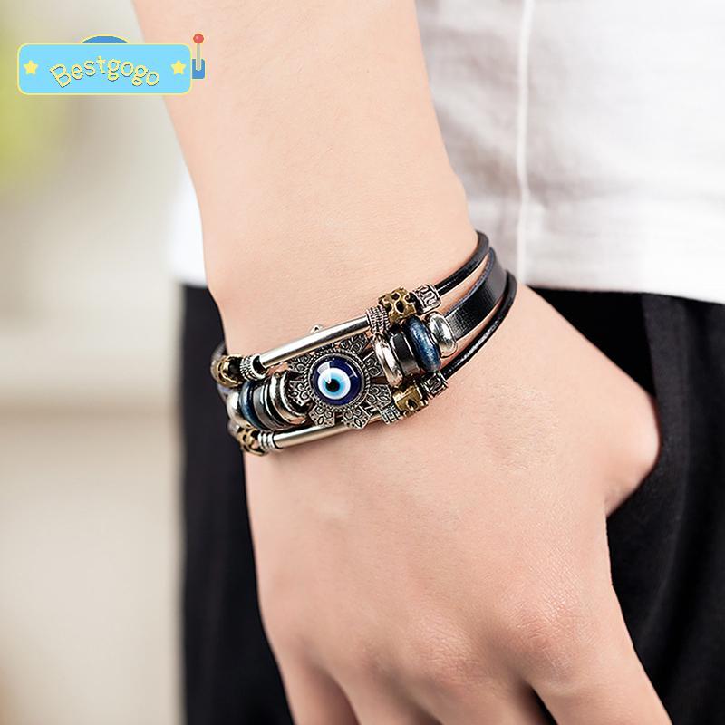 [Bestgogo-t] Luy Eye สร้อยข้อมือตาชั่วร้ายตุรกี Punk Multilayer Leather Handmade Bracelet
