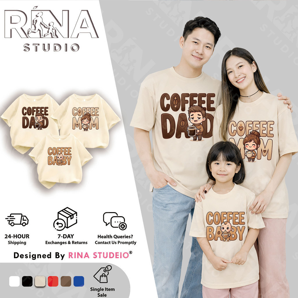 RINA STUDIO Coffee พิมพ์เสื้อยืดครอบครัวพ่อแม่และลูกสําหรับครอบครัวสําหรับครอบครัวภาพ