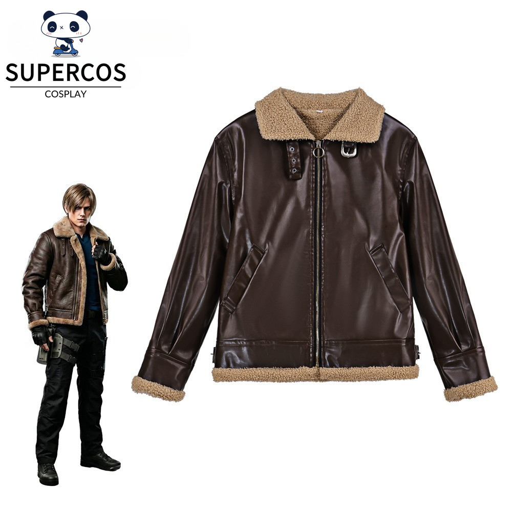 Resident Evil 4 Leon คอสเพลย์แจ็คเก็ตเครื่องแต่งกายเสื้อหนังสําหรับ Comic Con