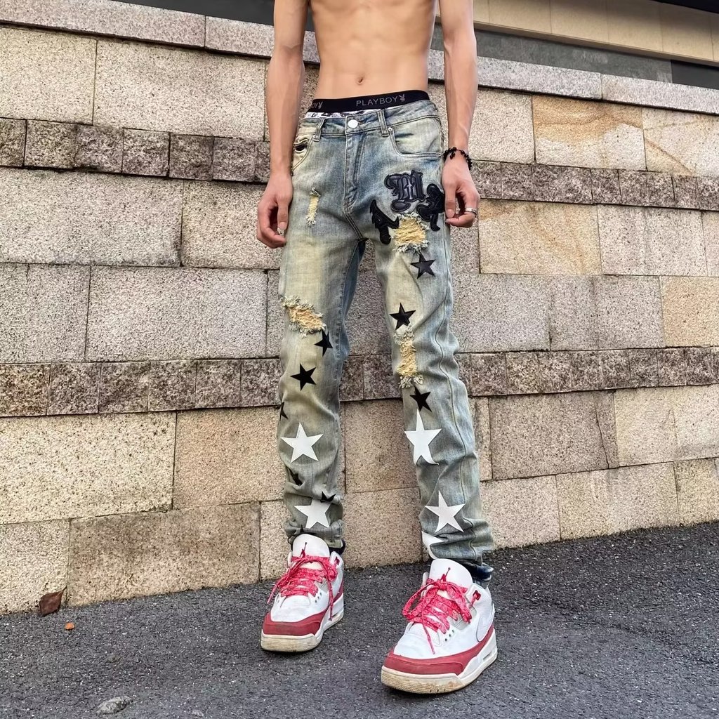American High Street Retro oversize Five-pointed Star กางเกงยีนส์เด็ก vibe Street Hip-Hop ตรงกางเกงล