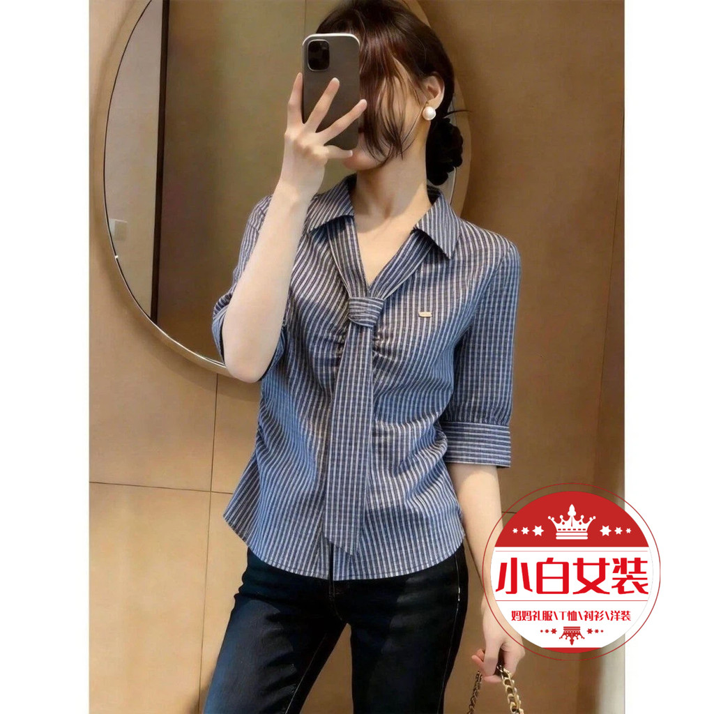 เสื้อแขนสั้น Workwear สั้นฤดูใบไม้ผลิฤดูร้อนฤดูใบไม้ร่วงผู้หญิงเกาหลีแฟชั่นการออกแบบLapel Laced-Upลายเสื้อห้าจุดSleeved Topสีฟ้าขนาดใหญ่ 3XL All-Matchอารมณ์Slimmerดูเรียบง่าย