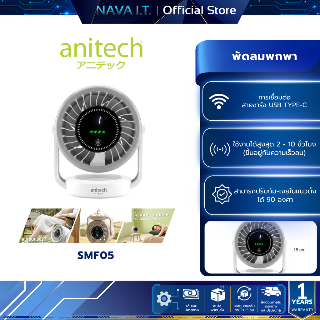 Anitech พัดลมพกพา 5 นิ้ว รุ่น SMF05 แบต 3600mAh ปรับลม 5 ระดับ ก้ม-เงยได้ 90°