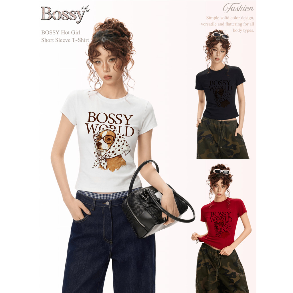 BOSSY เสื้อครอปท็อป แขนสั้น สไตล์เกาหลี พิมพ์ลายลูกสุนัขพร้อมแว่น ผ้าฝ้าย 100%#E+5474