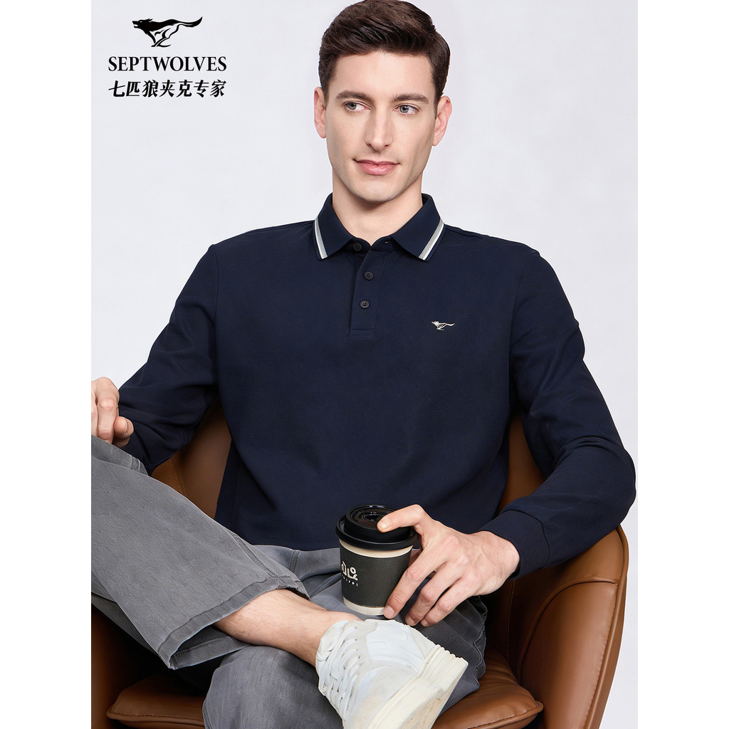 [Zhudi Cotton] Seven Wolves Contrast Color Lapel Long-Sleeved T-Shirt Men Spring New Style Business 