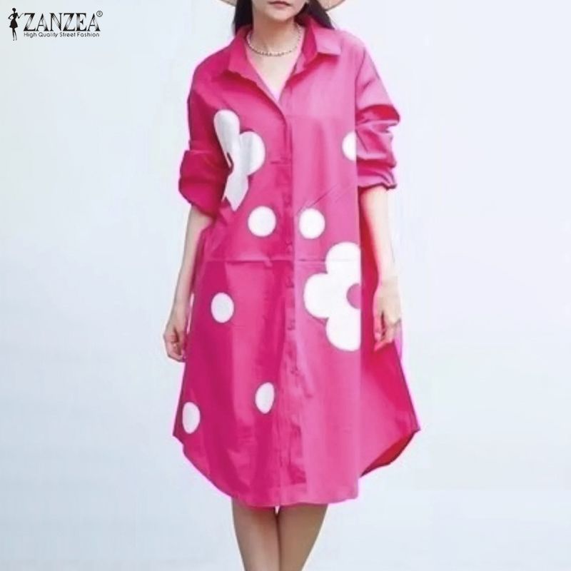 ZANZEA ผู้หญิงเกาหลีสตรีทแฟชั่น Turn-Down-Collar แขนยาว Contrast พิมพ์ลายดอกไม้ A-Line เสื้อเดรส — صورة 5