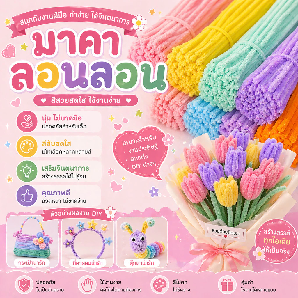 ลวดกำมะหยี่ 100เส้น ราคาโรงงาน ขนฟู DIY ทำดอกไม้ ลวดทำดอกไม้ งานประดิษฐ์ สีพาสเทล