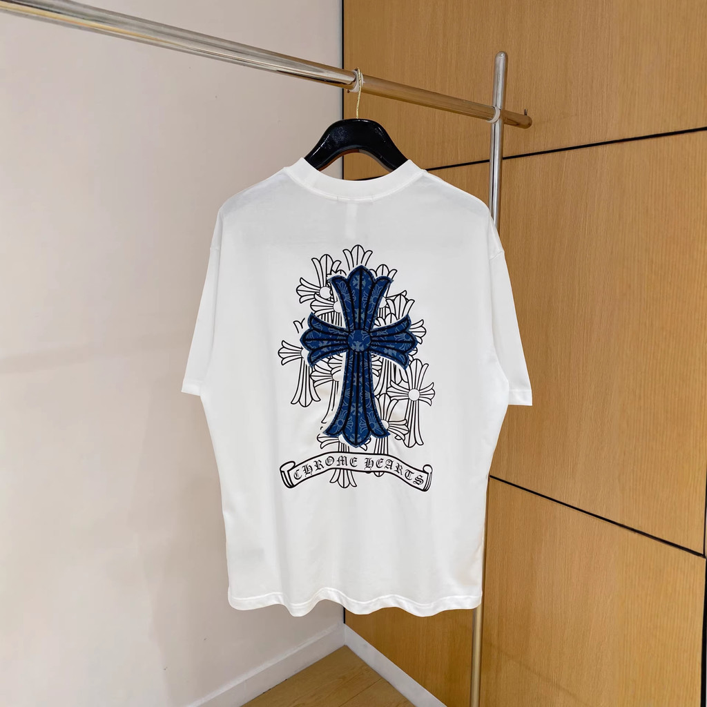 74WO Chrome Hearts Summer denim embossed couple's short-sleeve shirt T Shirt