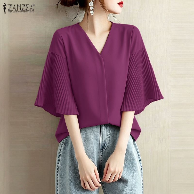 ZANZEA ผู้หญิงเกาหลี Elegant Feminine V คอ 3/4 Flare Sleeve Pleating Splic หลวมสีธรรมดาเสื้อ — صورة 5