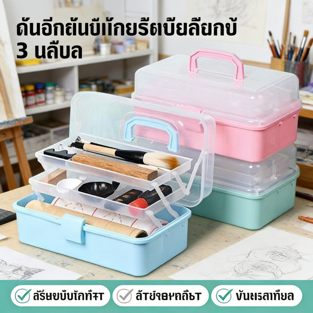 กล่องเครื่องมือพลาสติก 3ชั้น Tool Box กล่องเก็บของใส่เครื่องเขียน ยา อุปกรณ์ จุเยอะ พกพาง่าย มีถาดพลาสติก First Aid Kit