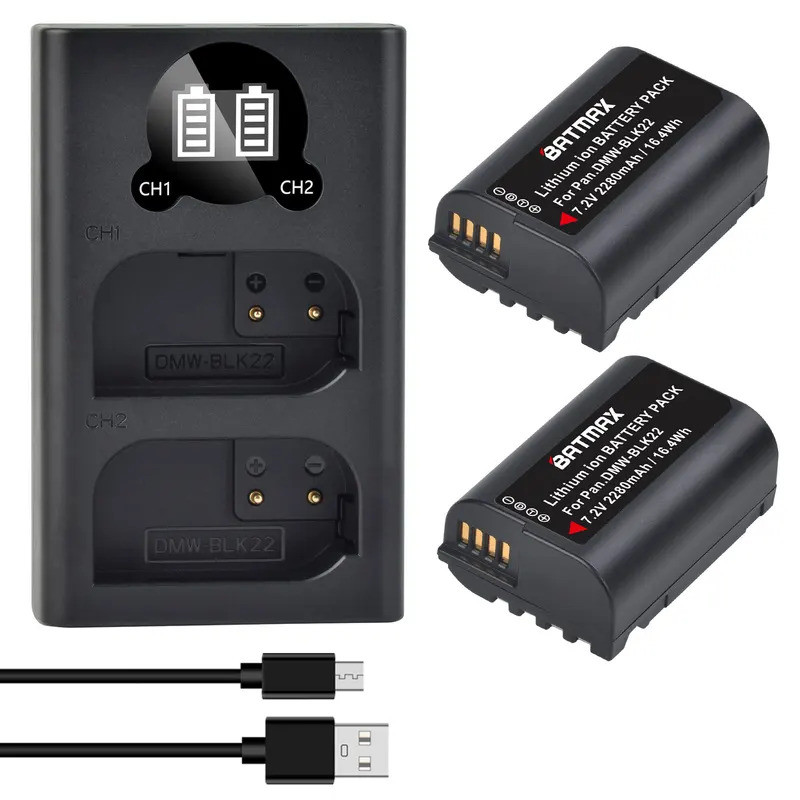 Batmax DMW-BLK22 BLK22  2280mAh Battery +LED USB Dual Charger For Panasonic LUMIX DC-S5,DC-S5K,GH5 I