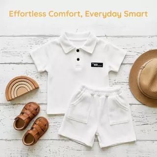[Cotton Life]ชุดเด็กผู้ชายเรียบง่าย ทนทาน ระบายอากาศดี ชุดเสื้อ+กางเกงฤดูร้อน