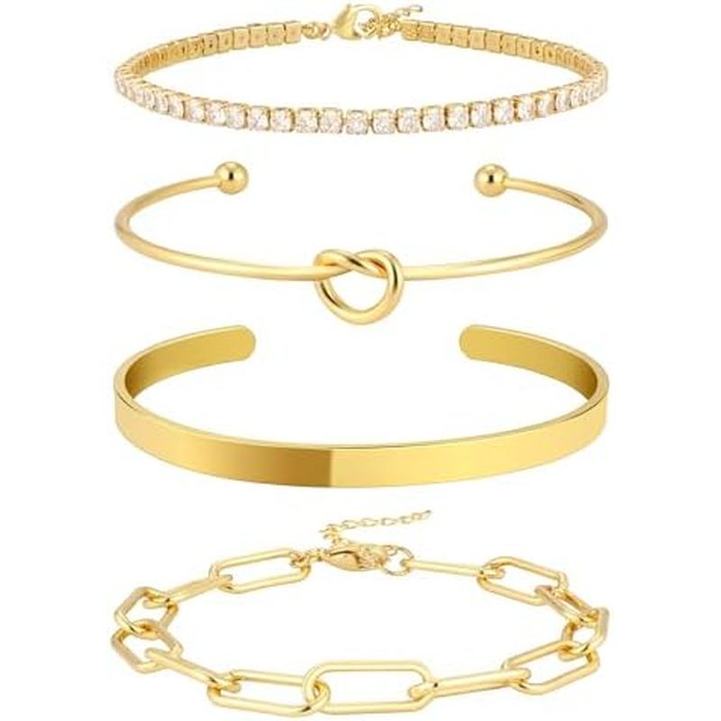 Zalcon Gold Bangle Cuff Knot Bracelet for Women Stack Non Tarnish Gold Plated Cubic Zirconia Tennis 