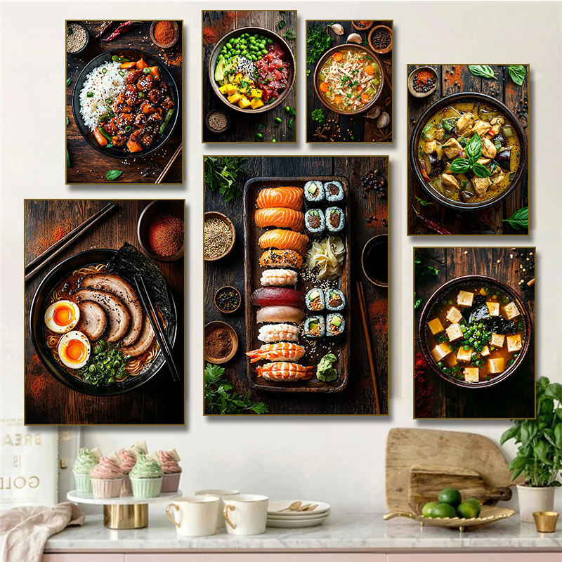 Cuisine Asian Sushi Platter Tuna Poke Bowl Ramen Teriyaki ไก่ข้าวโปสเตอร์ผ้าใบภาพวาดพิมพ์ห้องครัวร้า