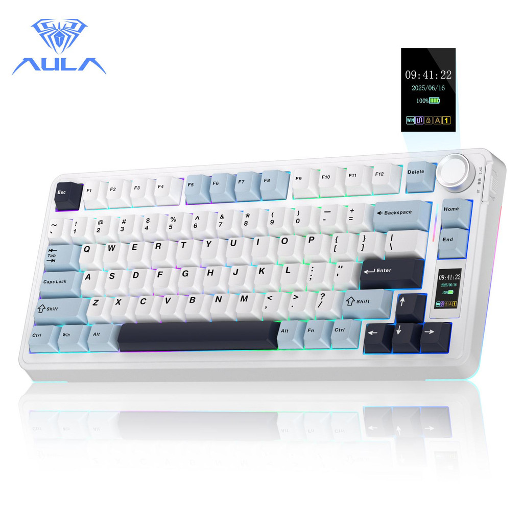 AULA S75 PRO 75% คีย์บอร์ดไร้สายสําหรับเล่นเกม, หน้าจอและลูกบิด, Hot-Swap,RGB, ปุ่ม PBT, 75% S75 PRO