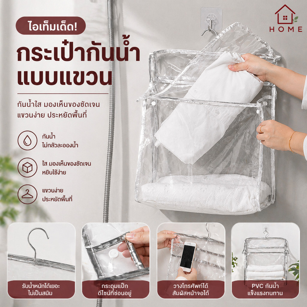 Home007 กระเป๋าเครื่องสำอาง แบบแขวน กระเป๋าใส่โทรศัพท์มือถือ ผ้าเช็ดตัว เสื้อผ้า แบบใส กันน้ํา สําหรับห้องน้ํา