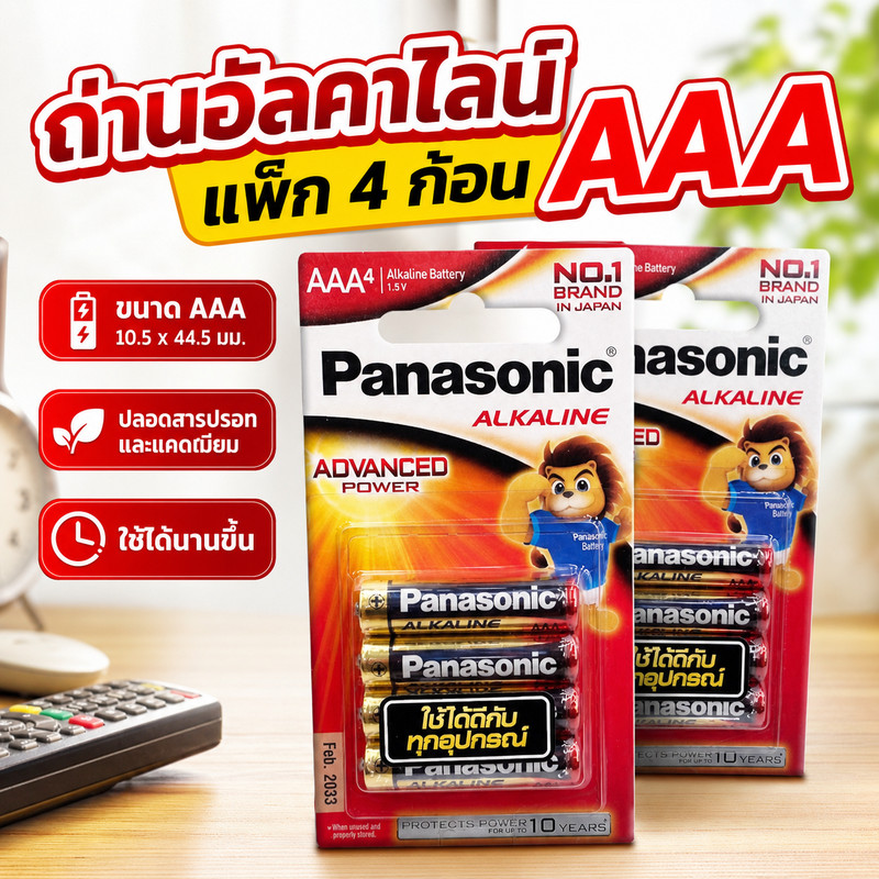 Panasonic ถ่านอัลคาไลน์ AAA LR03T/4B 1.5V แพ็ก 4 ก้อน (ขนาด 10.5×44.5 มม.) ไร้สารปรอท/แคดเมียม อายุเ