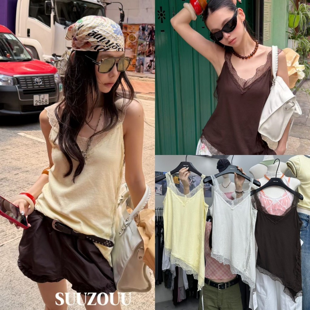 💖🎀 SU179 เดรสสั้นสายเดี่ยว แต่งผ้าลูกไม้ ชายแต่งระบาย ผ้าดีมีน้ำหนัก สีสวย ผ้าดีใสสบาย  แฟชั่นเกาหลี TAG MM Fish 💖🎀