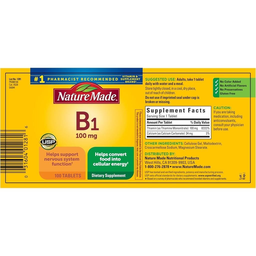 Nature Made Vitamin B1 100mg, Thiamine B1 plement สําหรับพอร์ตการเผาผลาญพลังงาน 100 เม็ด 100 วัน ply