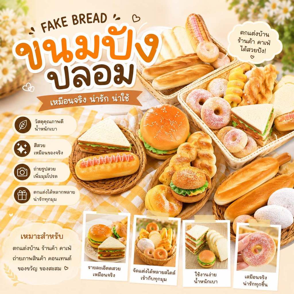 ขนมปังปลอม โมเดลขนมปังปลอม ขนาดเท่าขนมจริง สัมผัสนิ่ม บางแบบมีกลิ่นหอมคล้ายขนมเลย เหมาะตกแต่งร้าน พร็อพถ่ายรูป